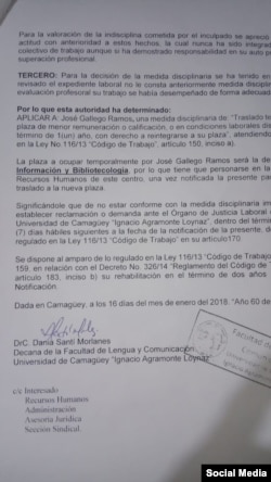 Documento firmado por la ex decana Dania María Santí Morlanes expulsando a un profesor por escribir en la prensa independiente. 