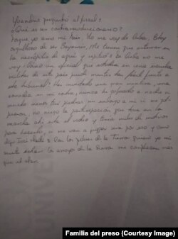 Documento escritor por Yoandris Gutiérrez Vargas, desde la prisión de Las Mangas, en Granma.