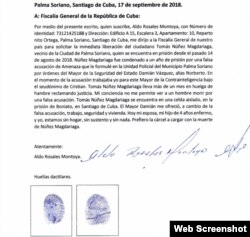 Carta de Aldo Rosales Montoya donde admite falsa acusación contra Magdariaga.