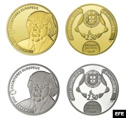 Fotografía facilitada por la Fundación Saramago de la moneda con la que el fallecido escritor portugués ha sido homenajeado.